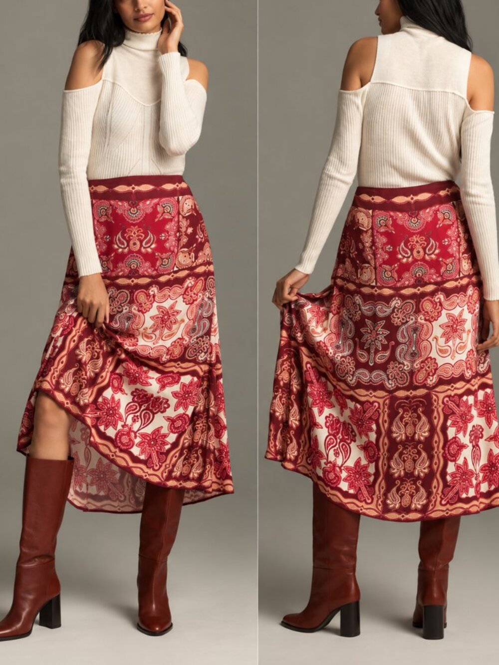 FARM Rio Red Paisley Floral Slip Midi Skirt Large